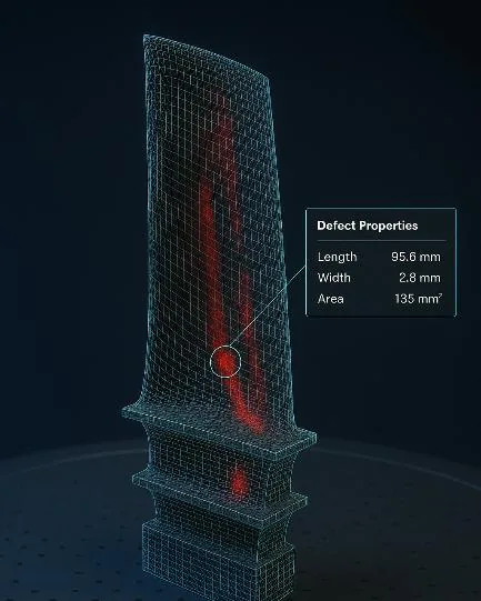 3D-digitalisiertes Bauteil mit automatisch erkanntem Oberflächenfehler und ermittelten Defect-Properties (Länge, Breite, Fläche)